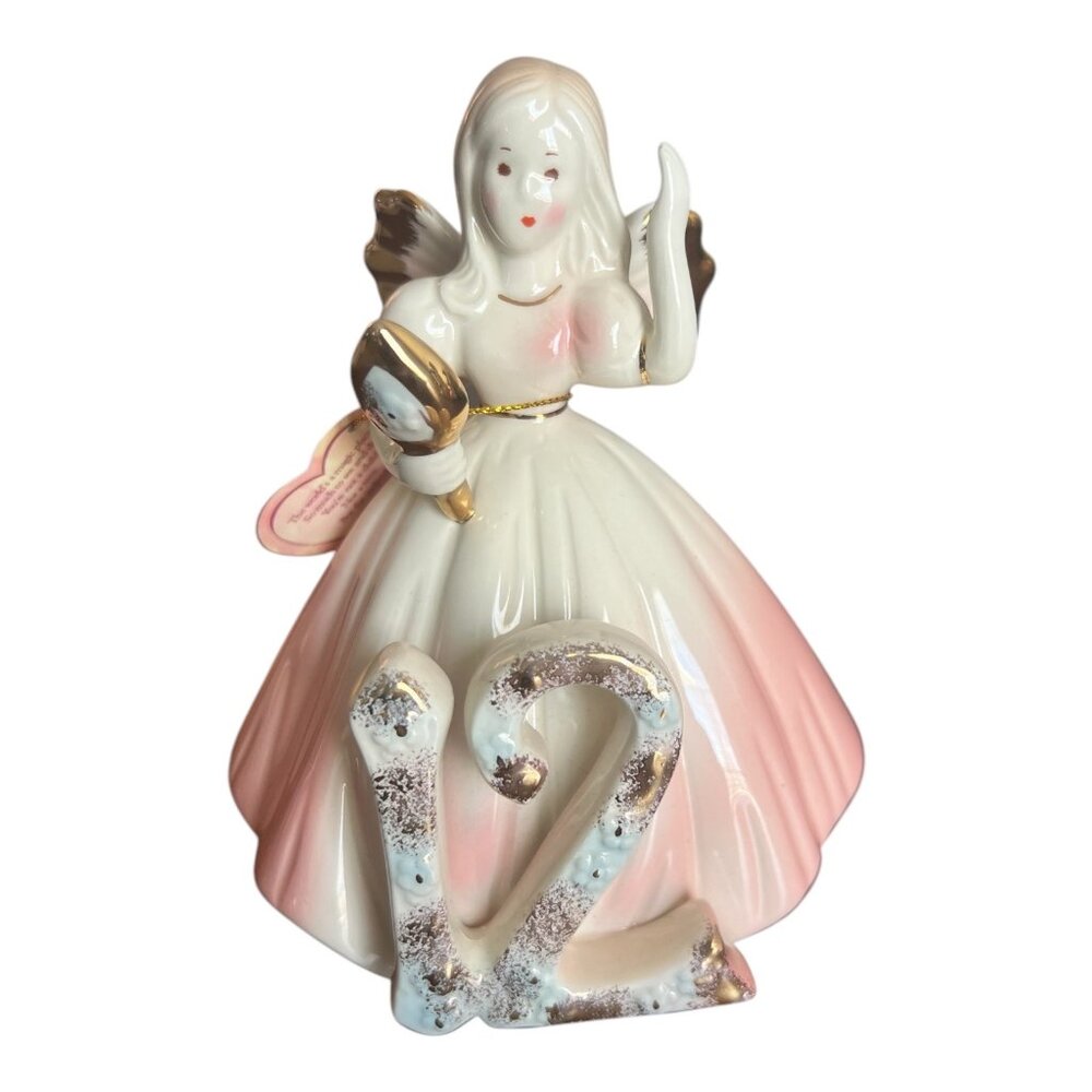 Vintage Dakin 12th Birthday Angel Figurine With Gold Accents & Heart Tag